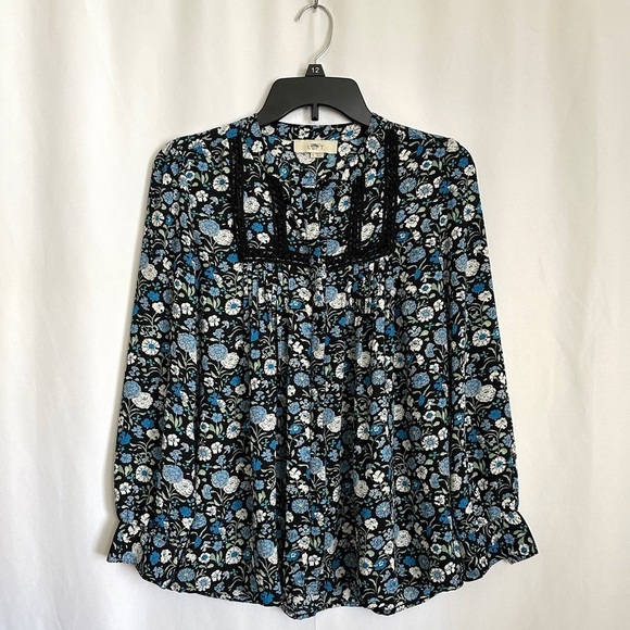 Ann Taylor Loft Women's Floral Print Blue White Black Peasant Style Blouse sz S - Picture 1 of 12